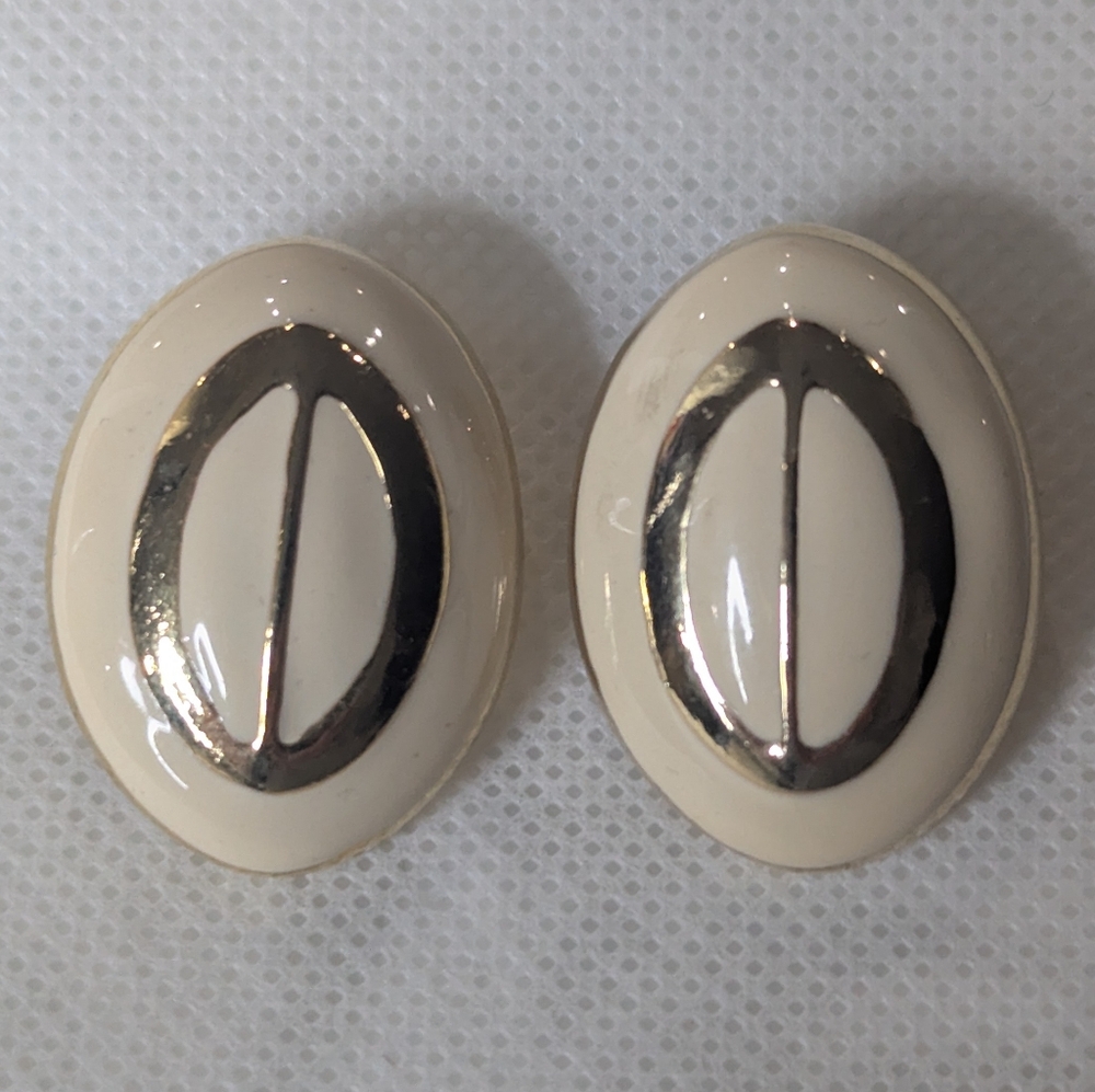 Vintage 80's Enamel & Gold Modernist Elegant Pierced Earrings Glam